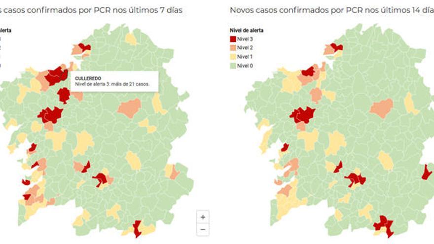 Mapa de concellos con las alertas del semáforo Covid, hoy en la web del Sergas.