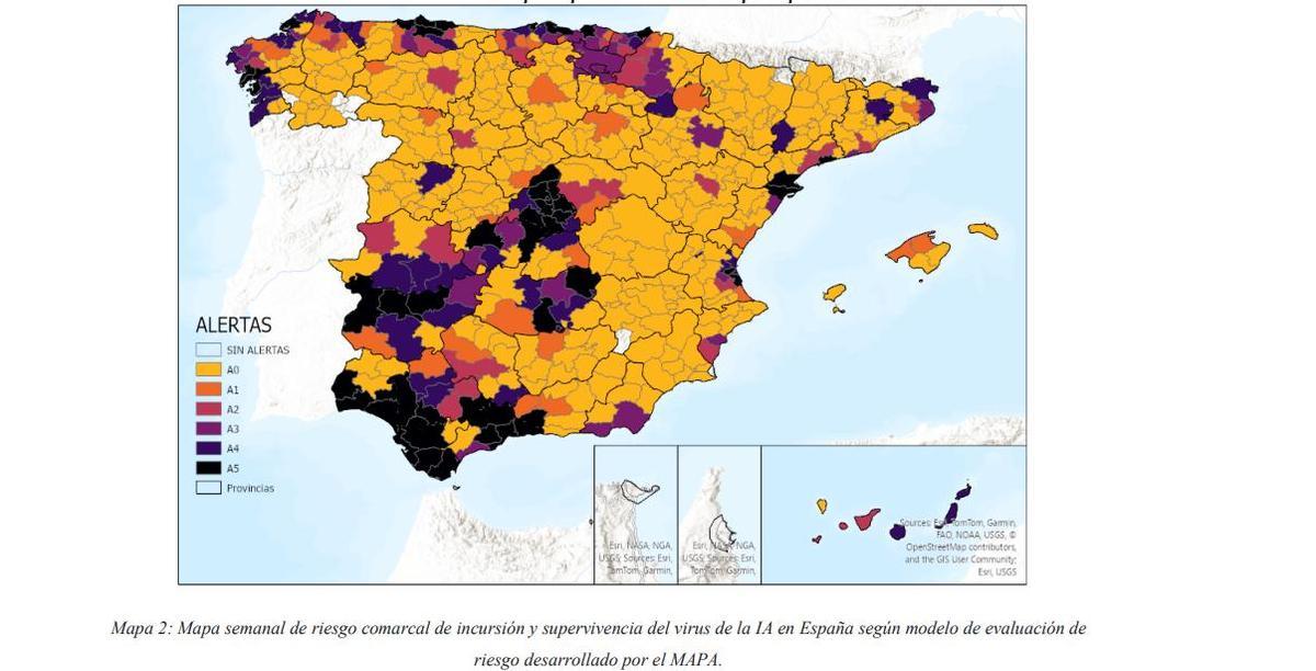 Mapara del Ministerio de Agricultura con la alerta por brotes de gripe aviar, actualizado a la última semana.los casos