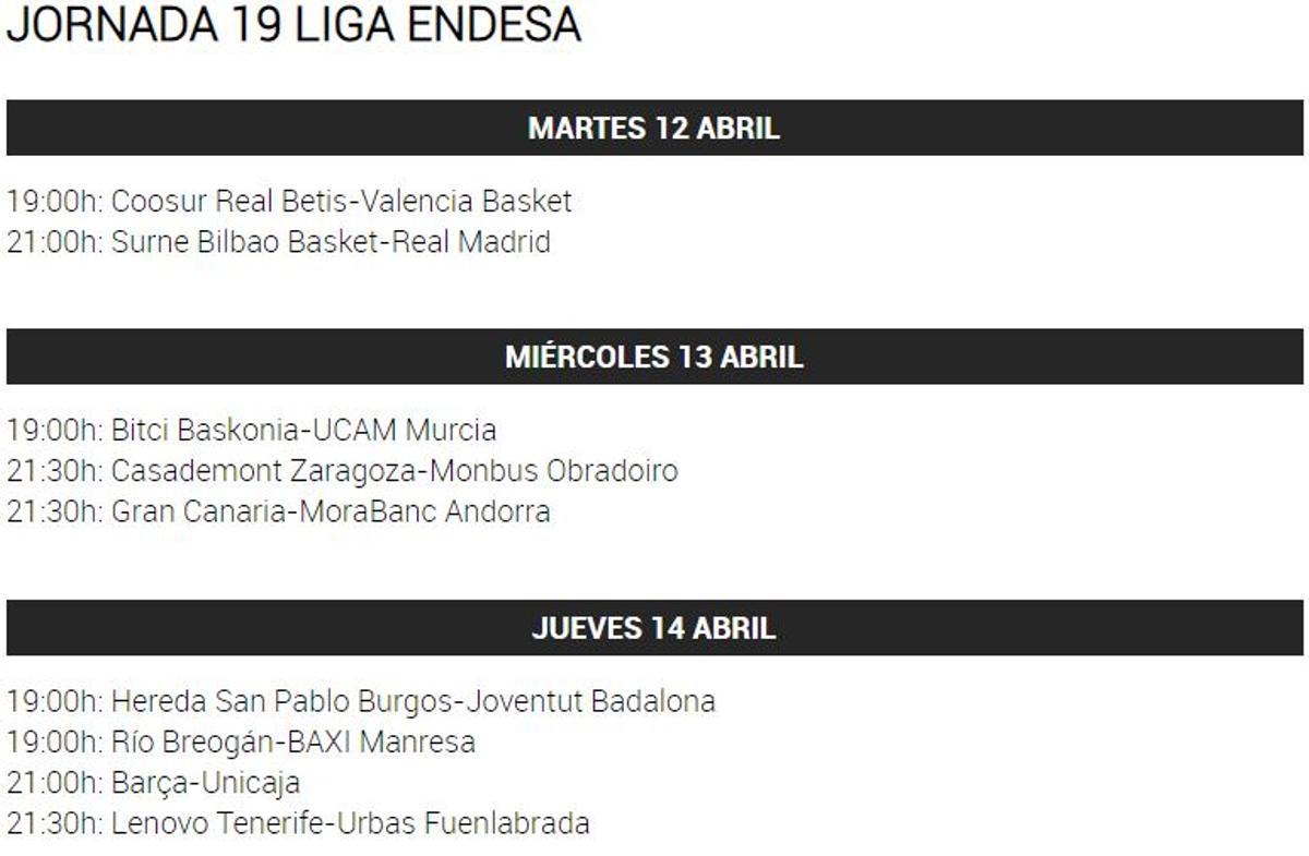 Fecha y hora de los partidos aplazados de la jornada 19 de la Liga Endesa