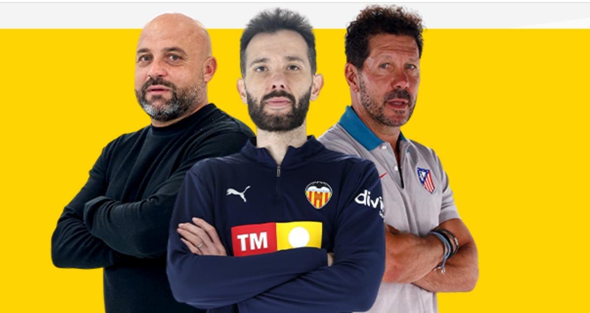 Carlos Corberán, en el centro de la imagen. A la izquierda, Manolo González, y a la derecha, Diego Simeone