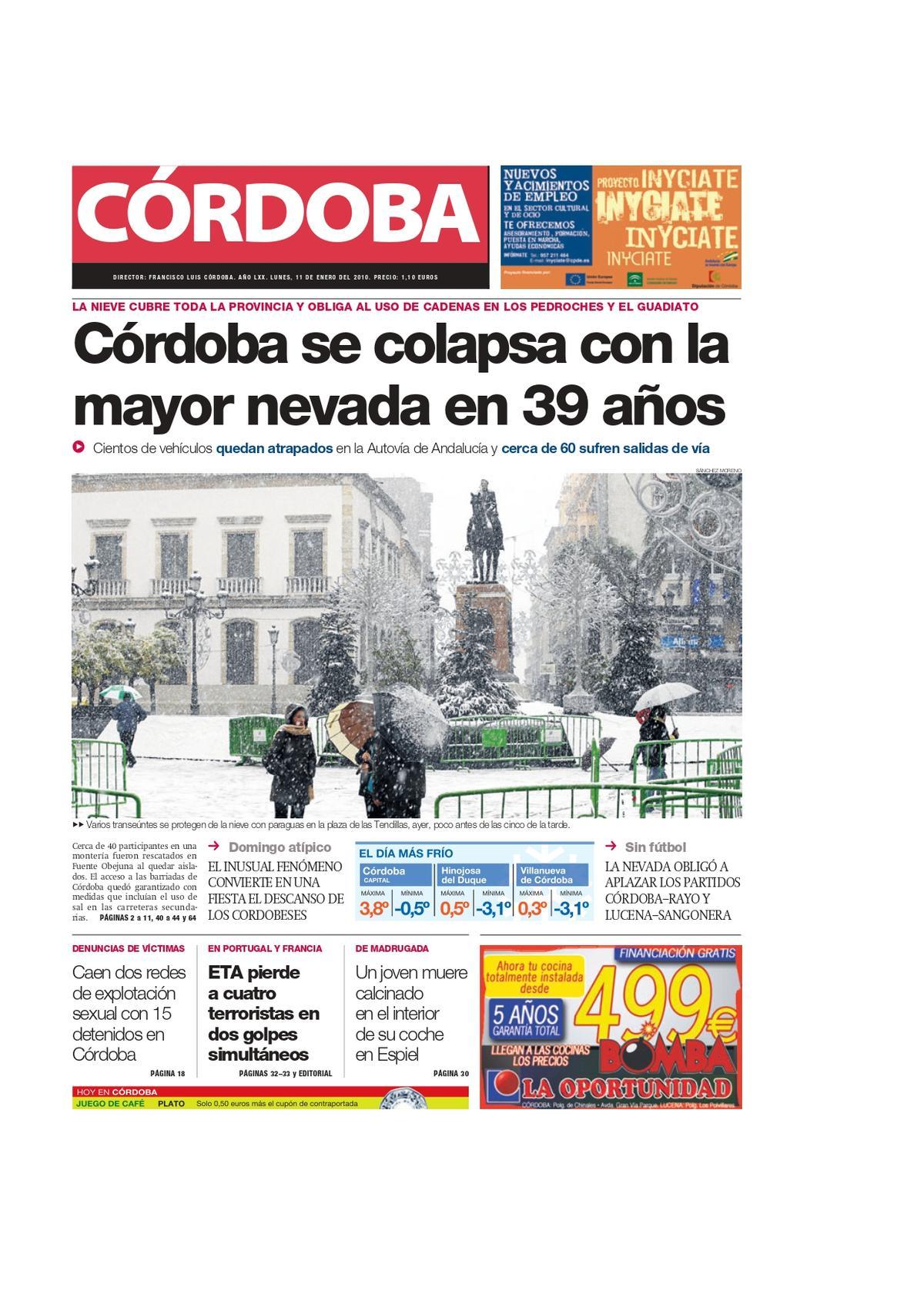 Portada de Diario CÓRDOBA tras la nevada.