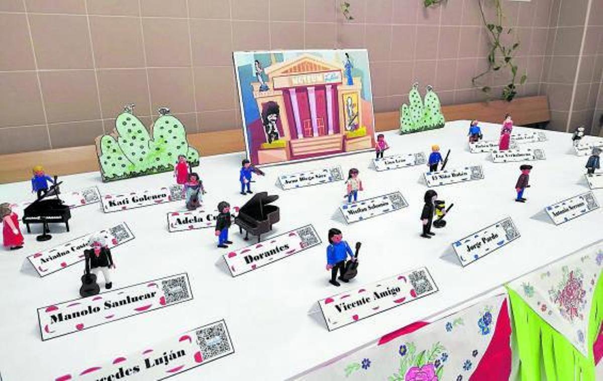 Figuras de Playmobil que representan a artistas flamencos creadas en el IES Concha Méndez Cuesta. A la derecha, alumnado del IES Cánovas del Castillo bailando. | L.O.