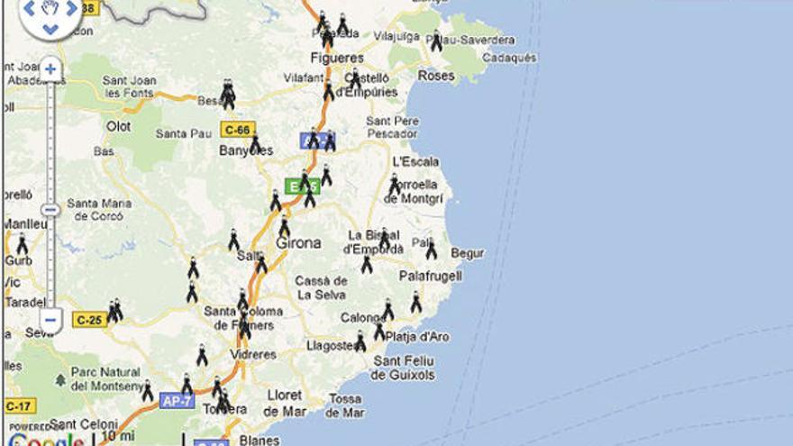 &quot;In Memoriam&quot; presenta un mapa amb crespons marcant els punts on hi ha hagut accidents mortals.