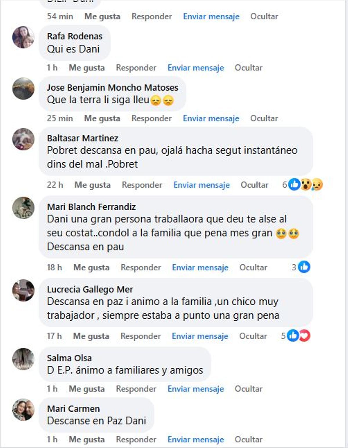 Mensajes de despedida a Daniel Guerola Navarro, "Carlampio", publicados en la red social Facebook.