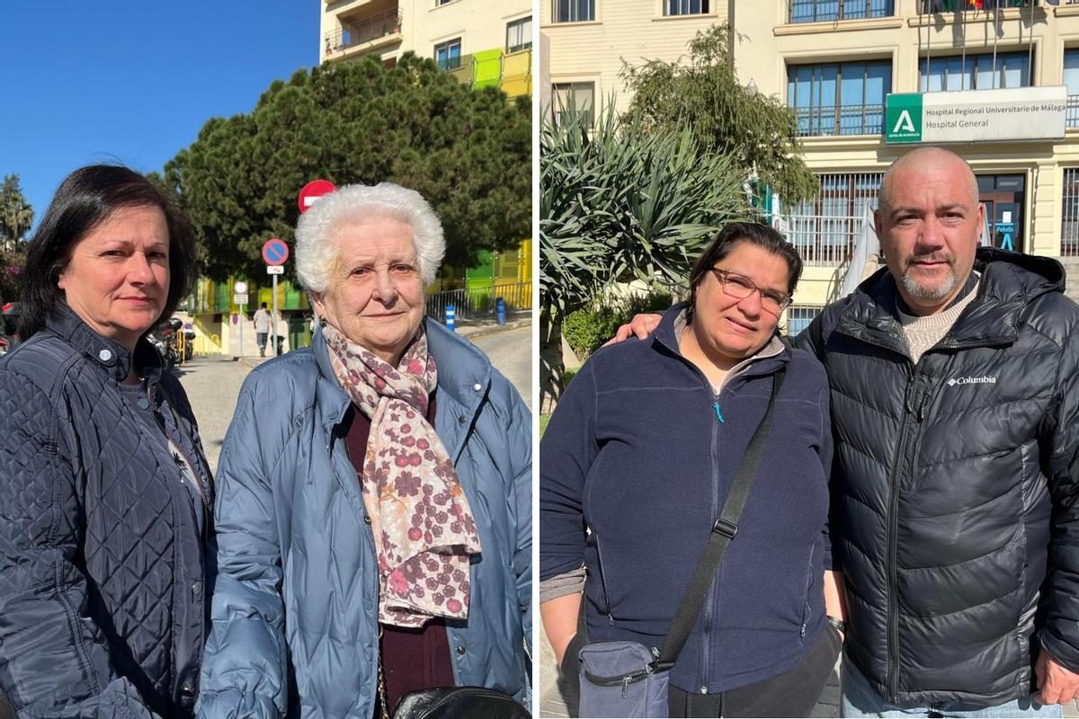 De izq. a dcha., Alicia junto a María y Jenny junto a Manuel en la entrada del Hospital Regional de Málaga