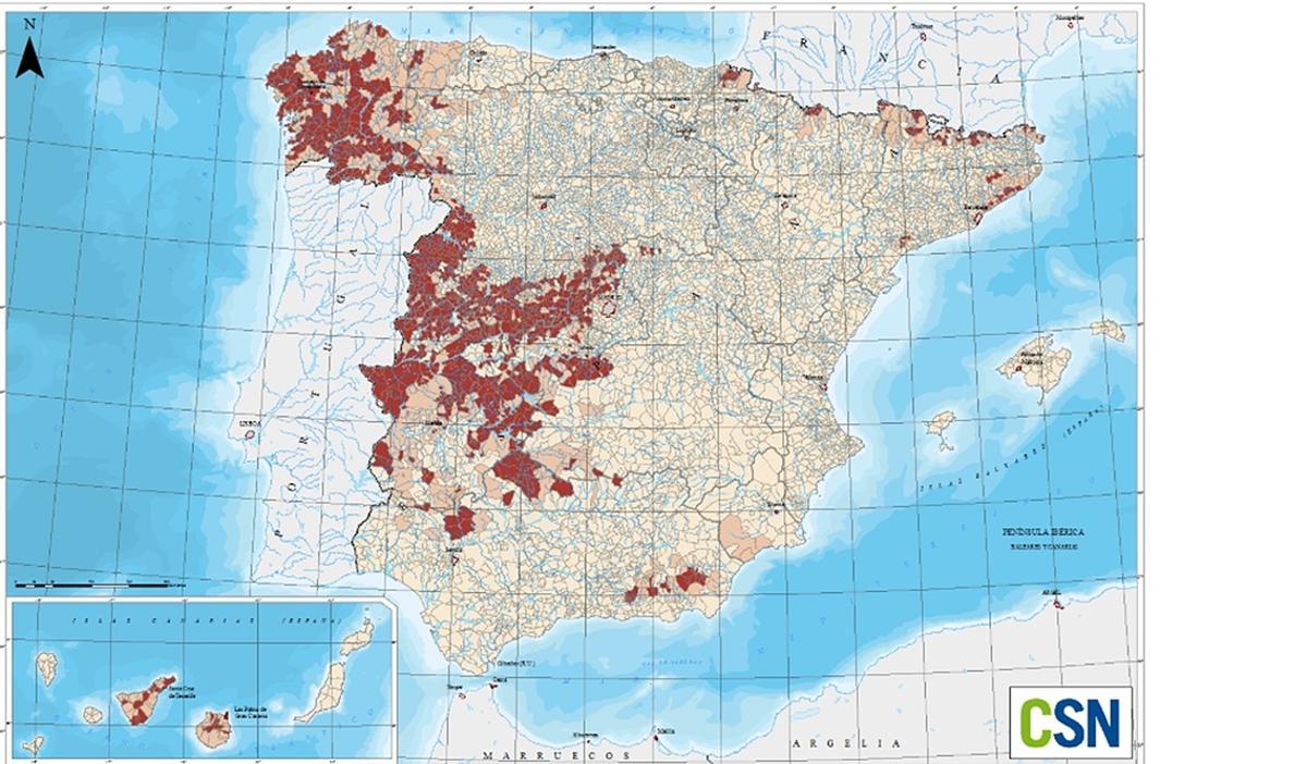 Zonas con mayor presencia de gas radón en España
