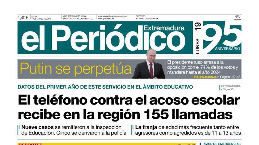 Esta es la portada de EL PERIÓDICO EXTREMADURA correspondiente al día 19 de marzo del 2018