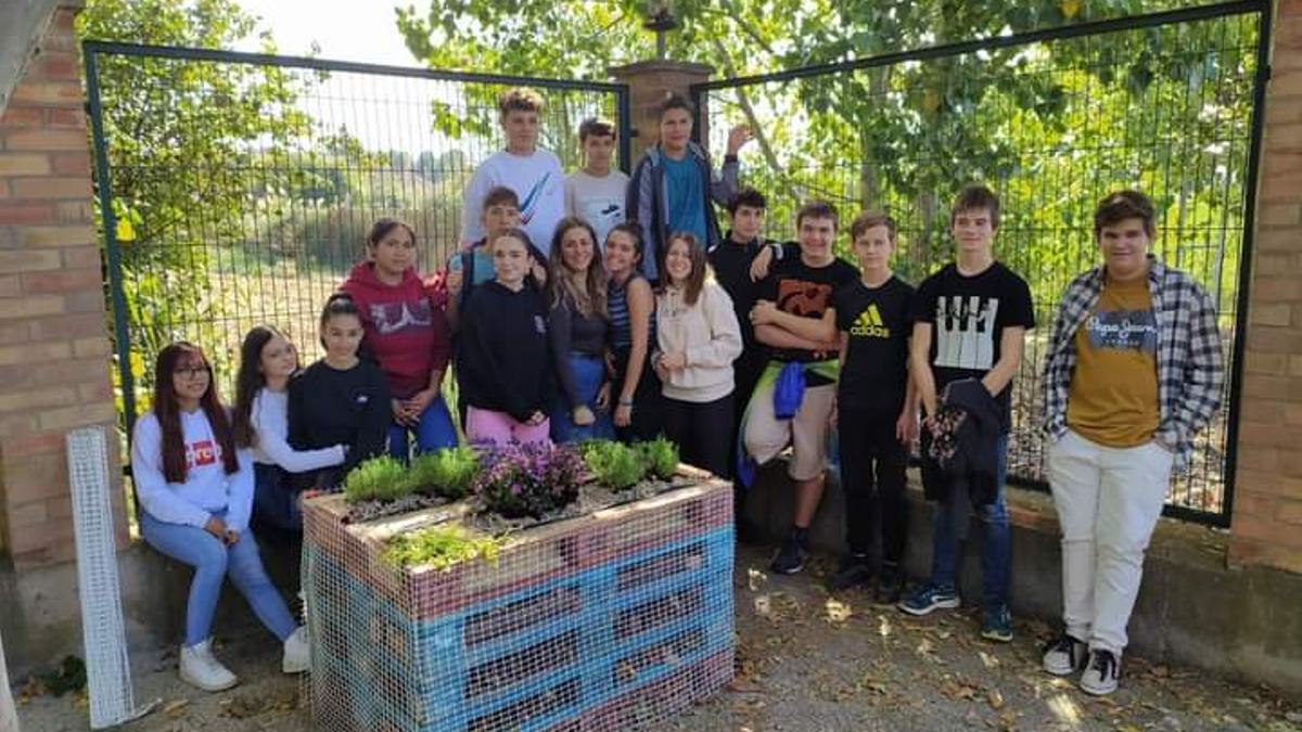 Estudiantes de 4º de ESO del instituto de Sariñena que han construido el hotel de insectos.