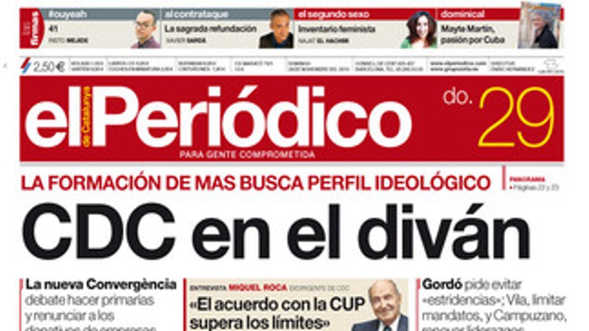 La portada de EL PERIÓDICO DE CATALUNYA del domingo, 29 de noviembre.