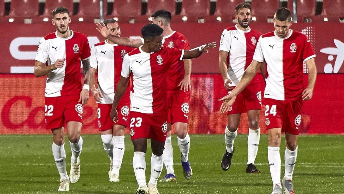 Los jugadores del Girona celebran un gol de Stuani en un partido de esta temporada.