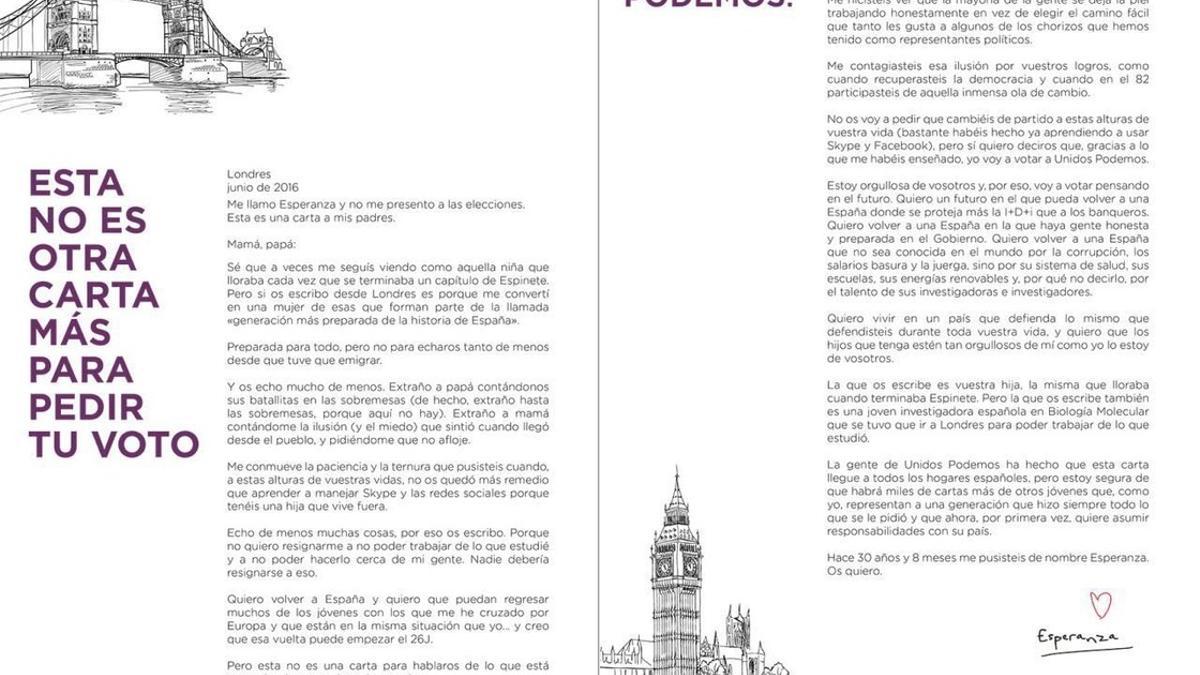 Carta de Unidos Podemos para el 26-J.