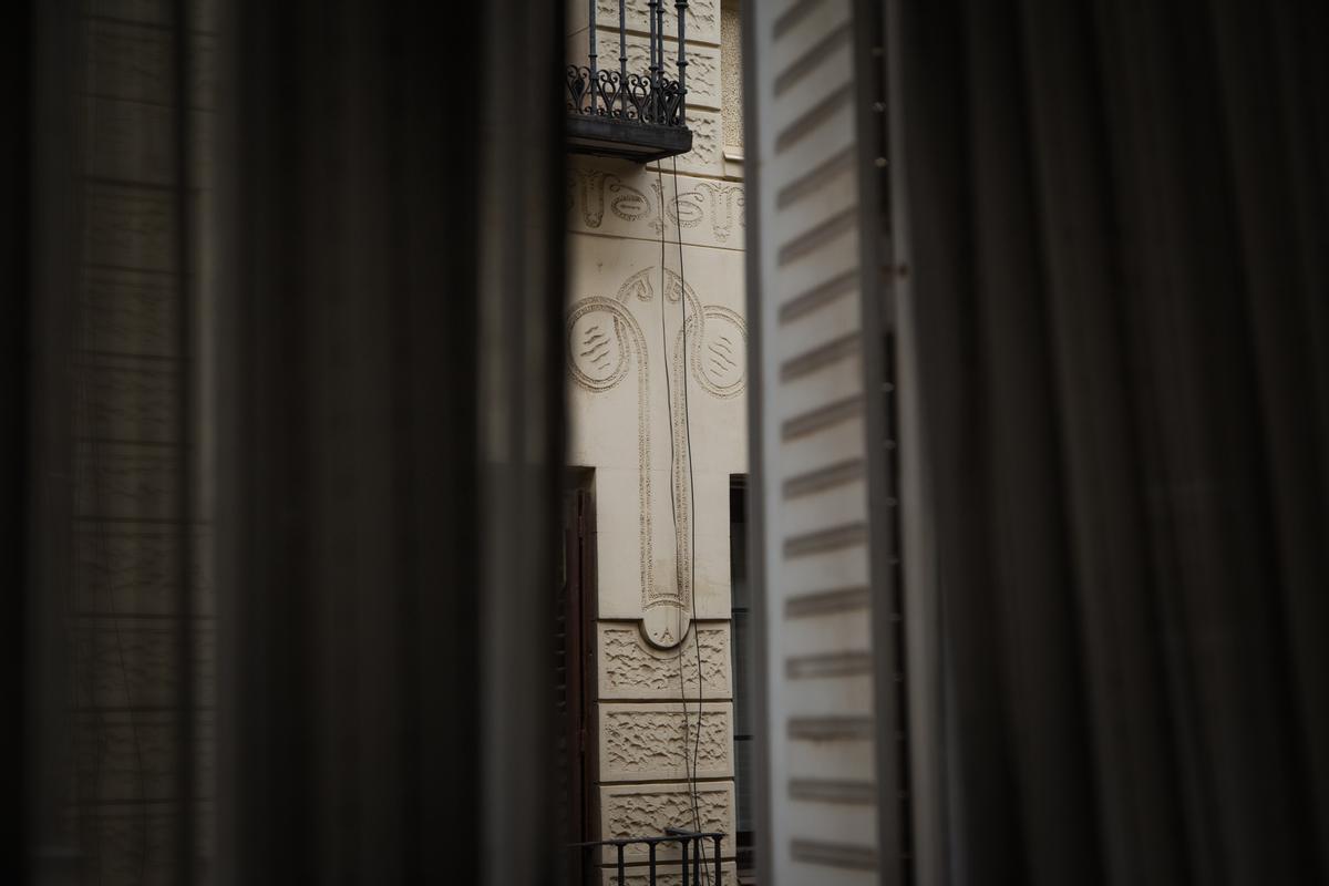Detalle de unos genitales masculinos en la fachada de la calle Montserrat, 12, desde el edificio de enfrente.