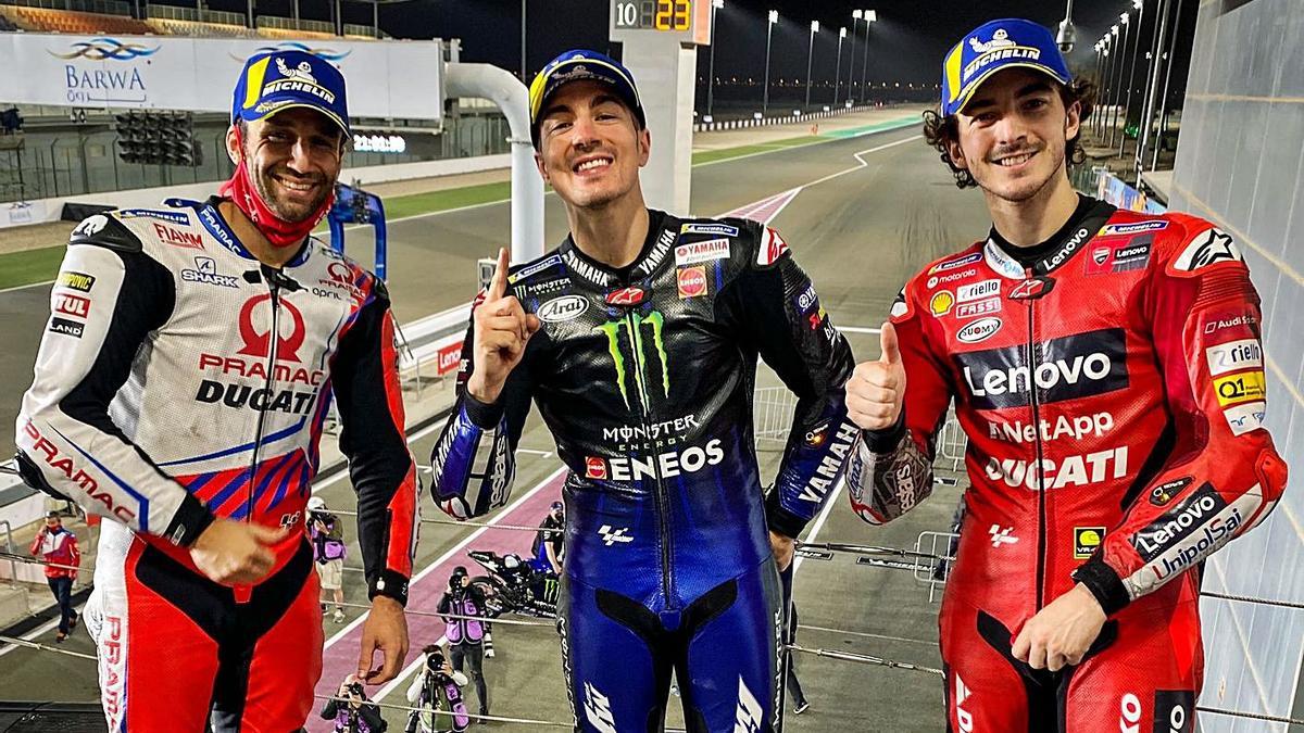 Zarco, Maverick y Bagnaia, primer podio de MotoGP de la temporada 2021.