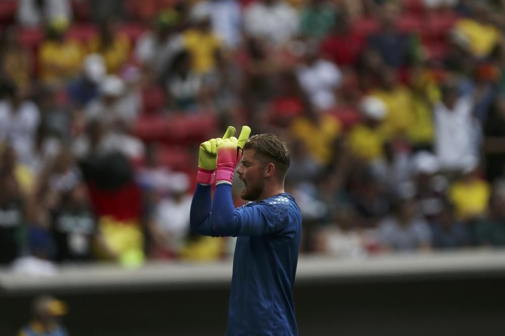 El germano Timo Horn celebra un gol ante Portugal en los cuartos de final de fútbol masculino.