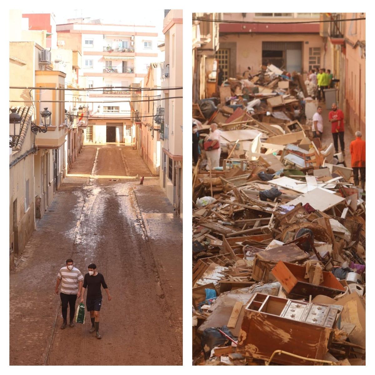 Antes y después en una calle de Paiporta.