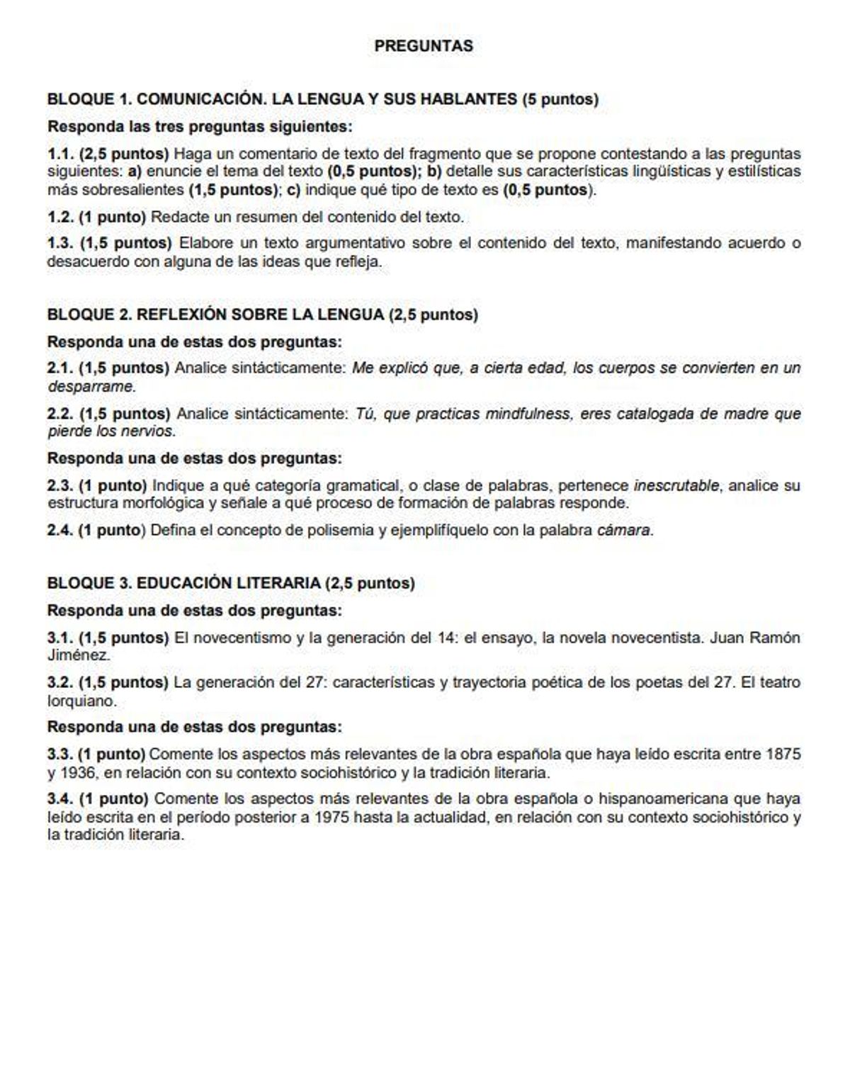 Examen de Lengua Castellana y Literatura de la PAU extraordinaria de Madrid