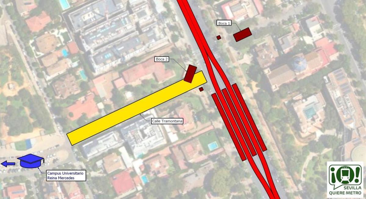 Peatonalización de la calle Tramontana y construcción de una nueva boca de la línea 3 de metro en Reina Mercedes, según Sevilla Quiere Metro