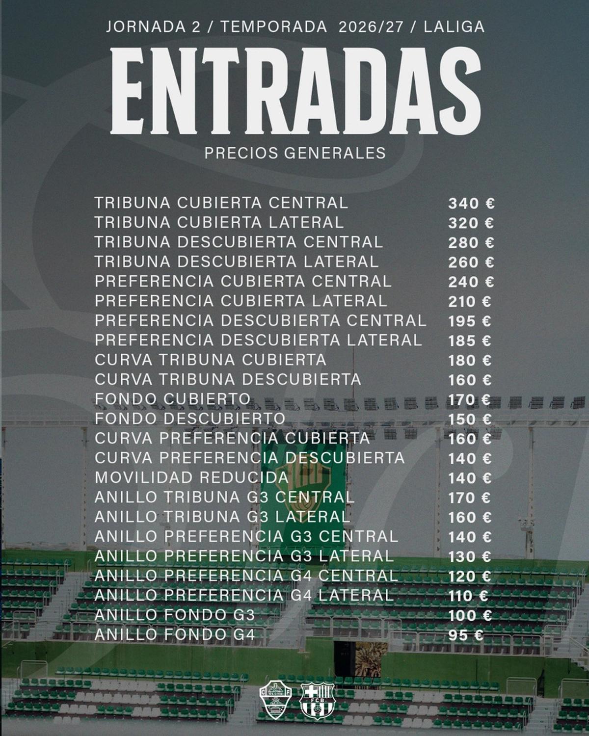 Precio de las entradas para el público general.