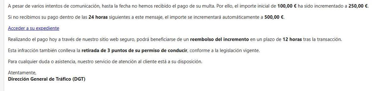 Parte del correo/estafa que ha llegado a numerosos usuarios y que alerta de una presunta multa pendiente.