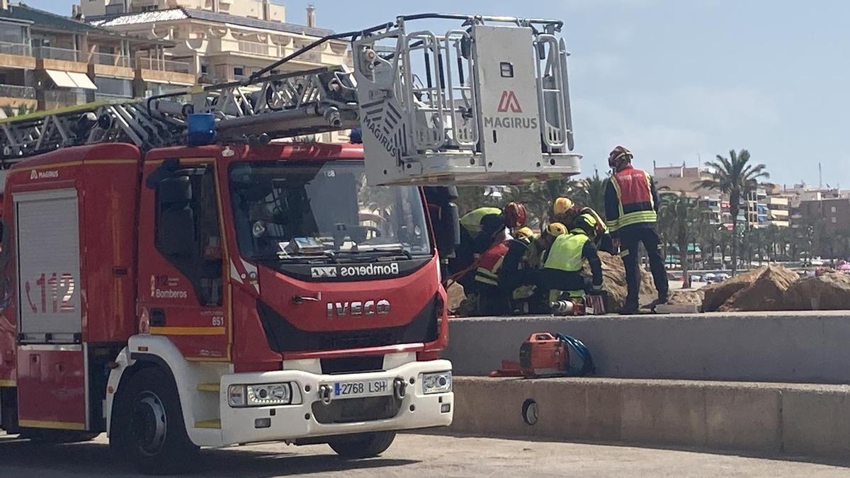 Un momento de la intervención de los bomberos en el espigón de una de las piscinas naturales de Torrevieja