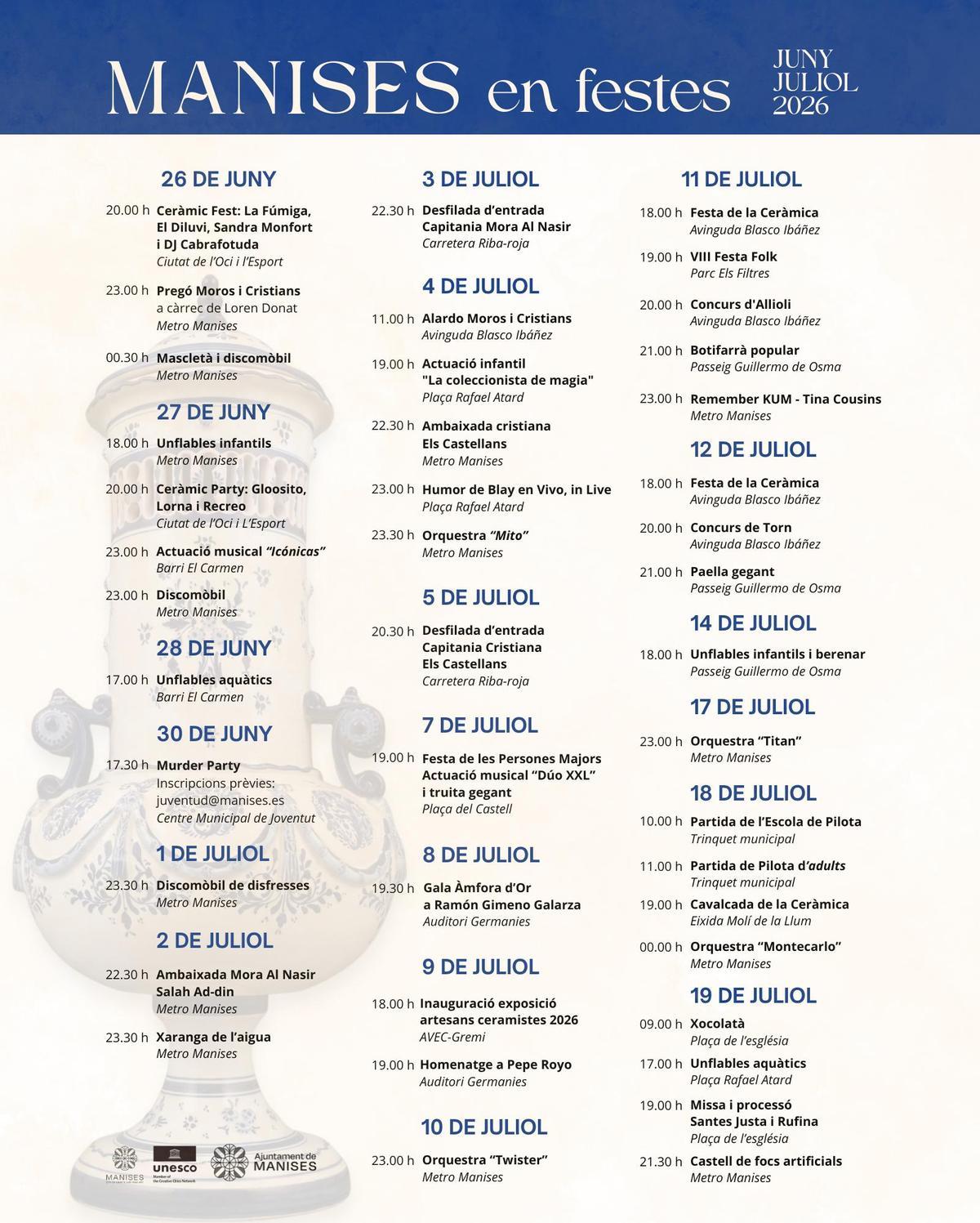 Programación de las fiestas de Manises.