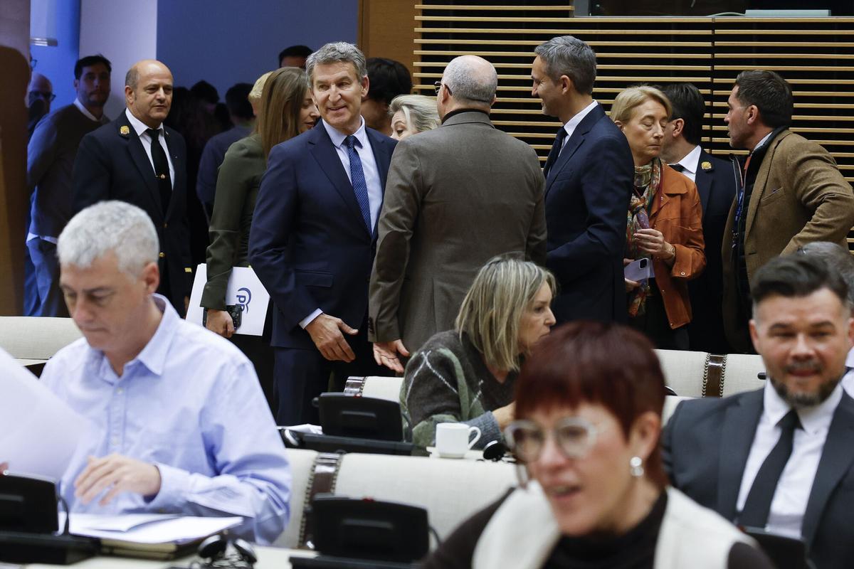 MADRID (ESPAÑA), 02/02/2026.- El líder del PP, Alberto Núñez Feijóo (c-i) a su llegada para comparecer este lunes ante la comisión del Congreso que investiga la gestión de la dana de 2024, que dejó 230 muertos en la provincia de Valencia. EFE/JJ Guillén