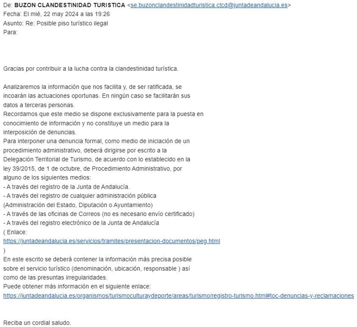 Respuesta automática de uno de los buzones de colaboración de la ciudadanía contra la clandestinidad de pisos turísticos ilegales