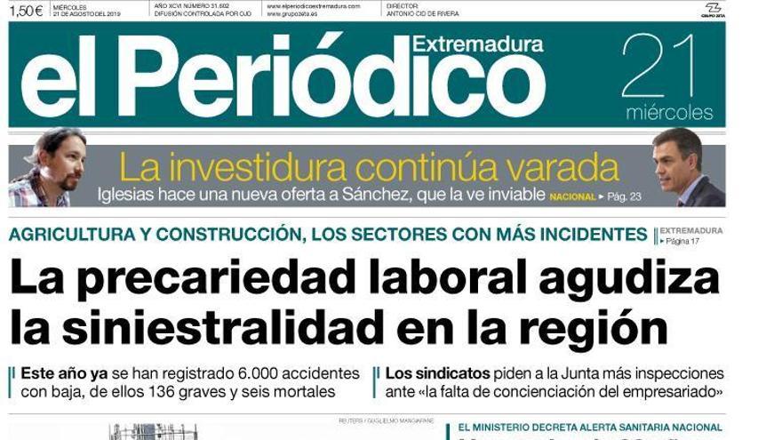 Esta es la portada de EL PERIÓDICO EXTREMADURA correspondiente al día 21 de agosto del 2019