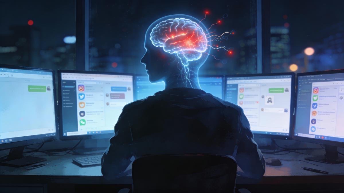 Visualización de la sobrecarga cognitiva: el glutamato se acumula en la corteza prefrontal tras horas de exposición a pantallas, alterando el cálculo cerebral entre esfuerzo y recompensa.