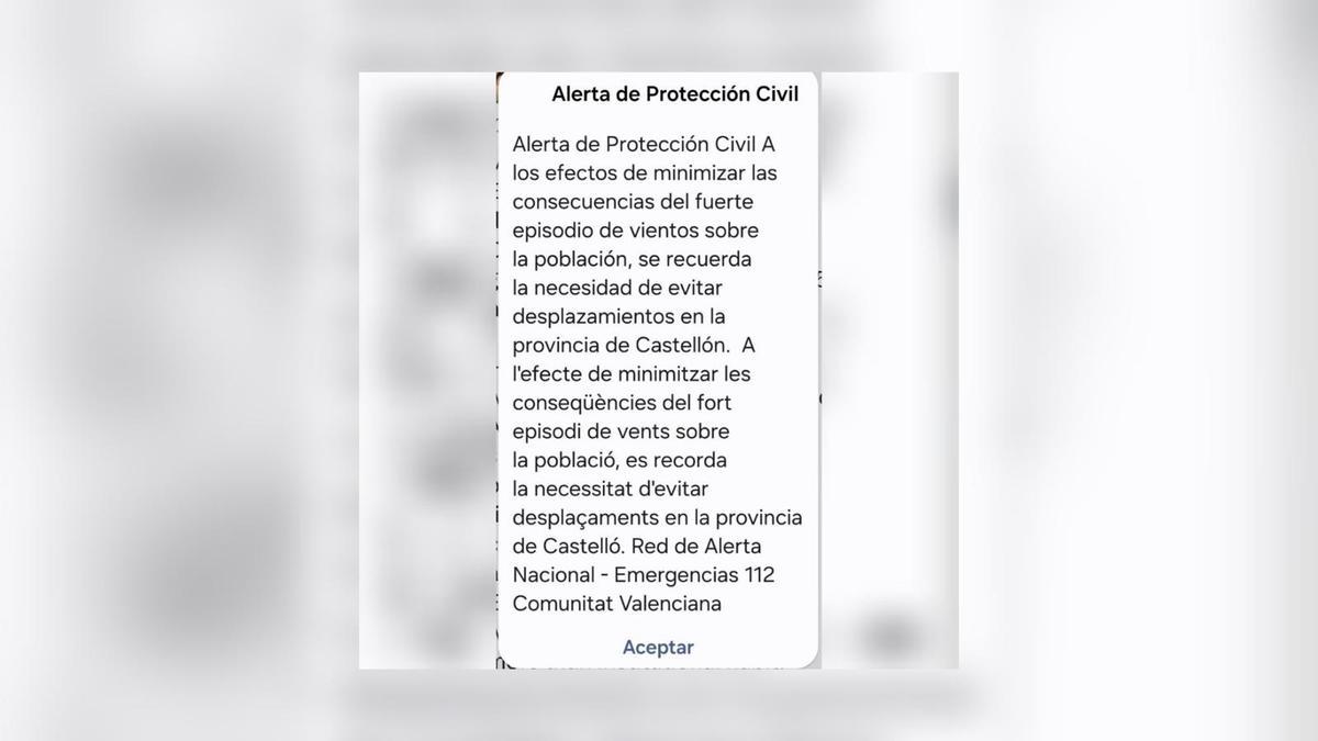 Mensaje enviado a los móviles de los castellonenses.