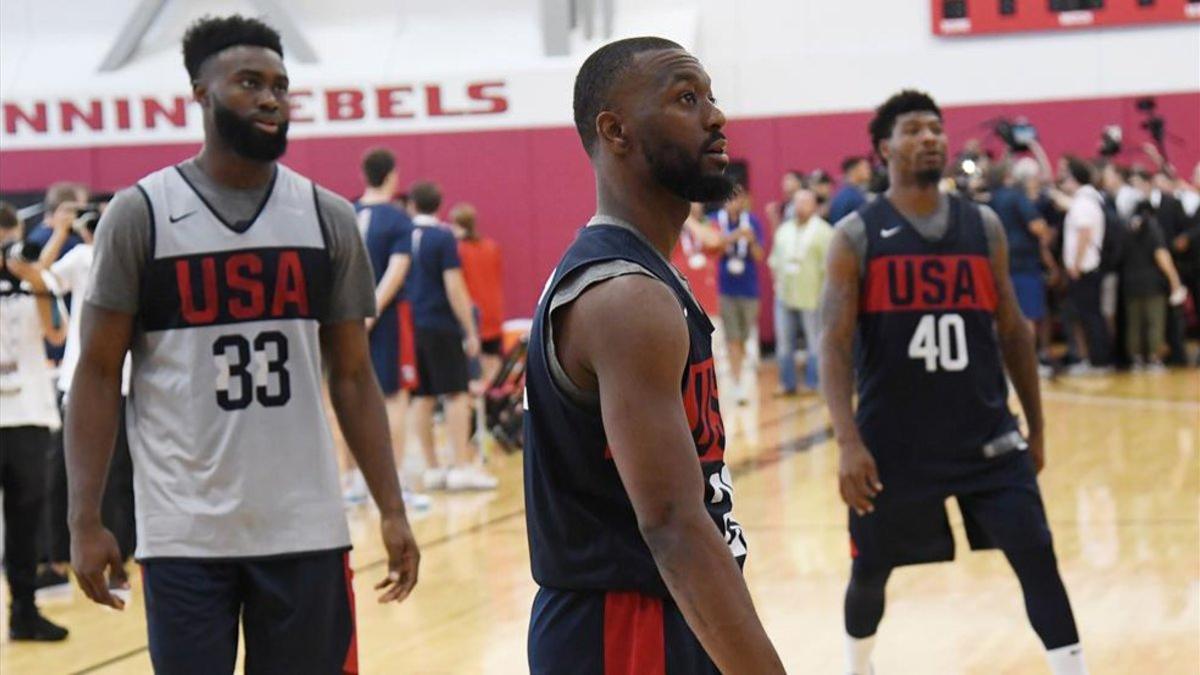 Jaylen Brown, Kemba Walker y Marcus Smart entrenándose en Las Vegas