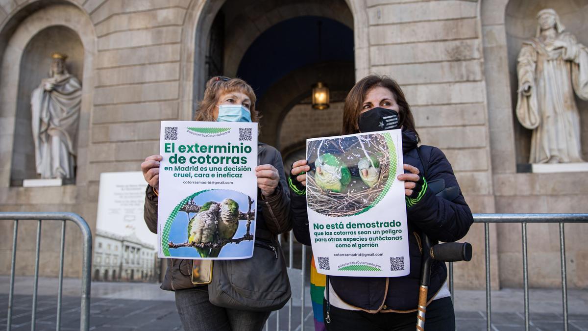 Protesta en defensa del control ético de las cotorras, este domingo, en la plaza de Sant Jaume