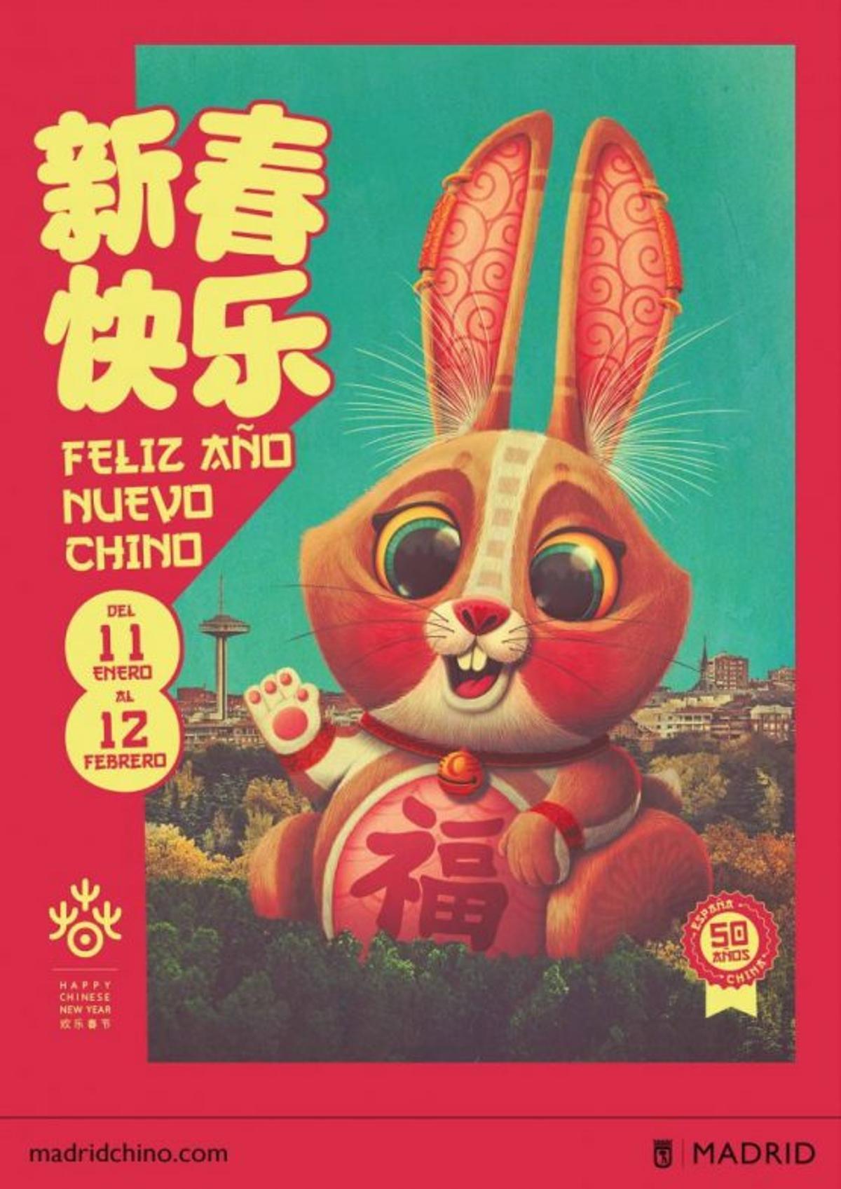 Cartel del Año Nuevo Chino 2023, donde una ilustración digital de un gran conejo o liebre se presenta sobre la imagen de la ciudad de Madrid de Francesco Pintón