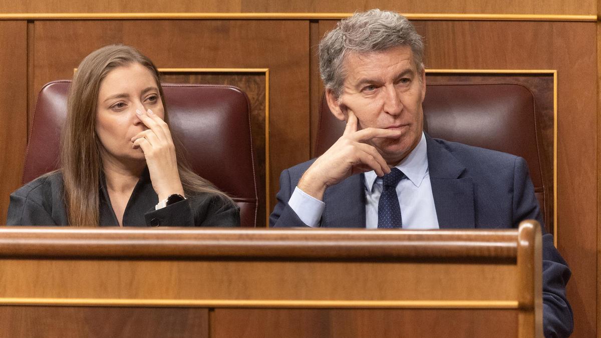 El presidente del PP, Alberto Núñez Feijóo, y la portavoz del PP en el Congreso, Ester Muñoz, durante una sesión plenaria extraordinaria, en el Congreso de los Diputados, a 15 de enero de 2026, en Madrid (España).