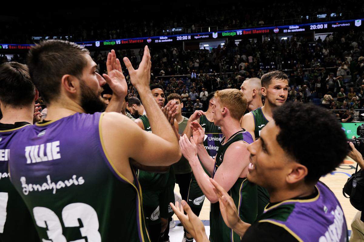 El Unicaja celebra su última victoria liguera, el pasado sábado, frente al Baxi Manresa.