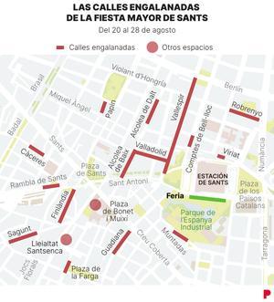 Mapa dels carrers engalanats de les festes de Sants 2022 de Barcelona