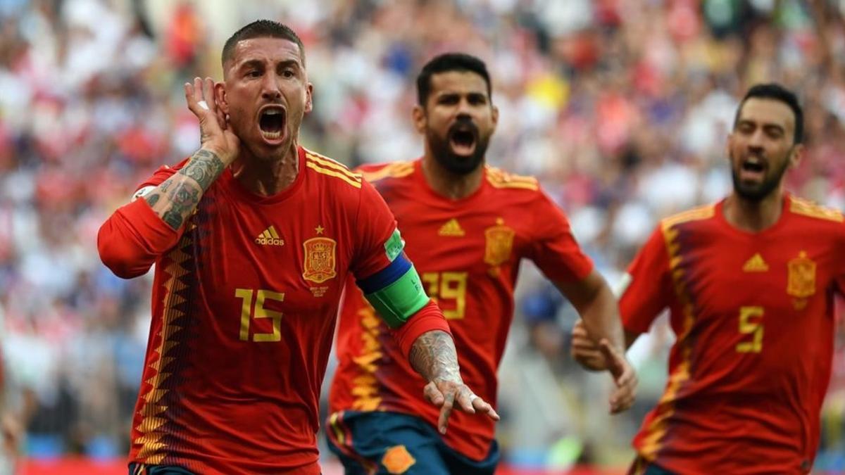 Sergio Ramos celebra el autogol de Rusia.