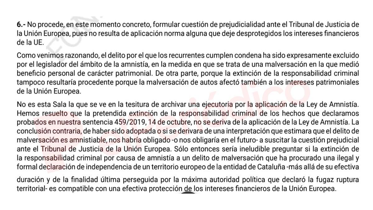 Auto en el que se dice que no a lugar a elevar cuestión prejudicial sobre la malversación al TJUE