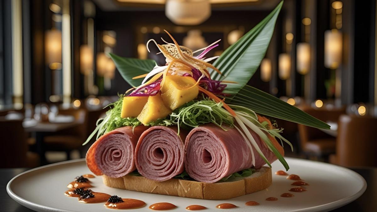 Así se imagina la IA un sándwich de pastrami con toques exóticos.
