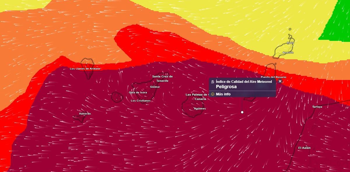 Mapa sobre la calidad del aire en Canarias durante el lunes 16 de febrero