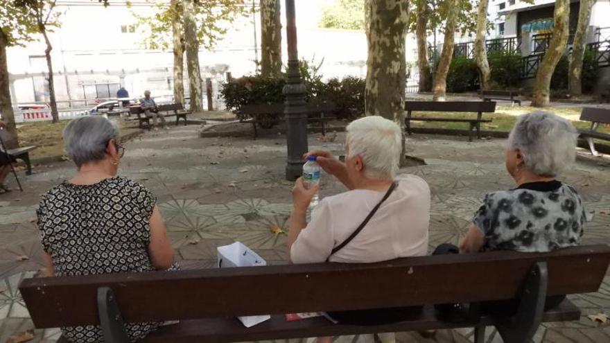 Personas mayores buscando refugio a la sombra en el parque de A Ponte, en plena ola de calor en Ourense. | //F. CASANOVA