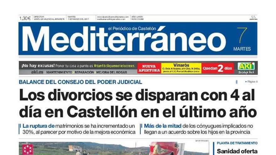 Los divorcios se disparan con 4 al día en Castellón en el último año, en la portada de Mediterráneo