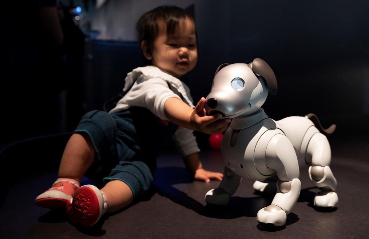 Una niña juega con un perro robot Aibo durante la presentación de la exposición ’Inteligencia Artificial: Más que Humana’, este miércoles, en el centro Barbican de Londres, Reino Unido.