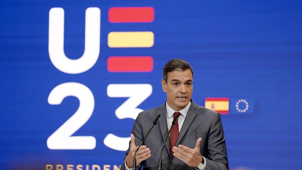 Pedro Sánchez, presidente del Gobierno, durante la presentación de la Presidencia Española en el Consejo de la Unión Europea.