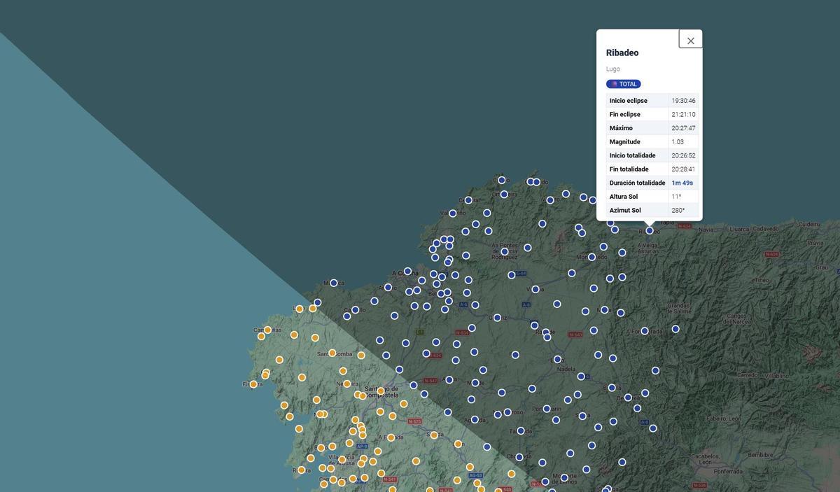 Mapa de la Xunta con todos los detalles para ver el eclipse desde Ribadeo