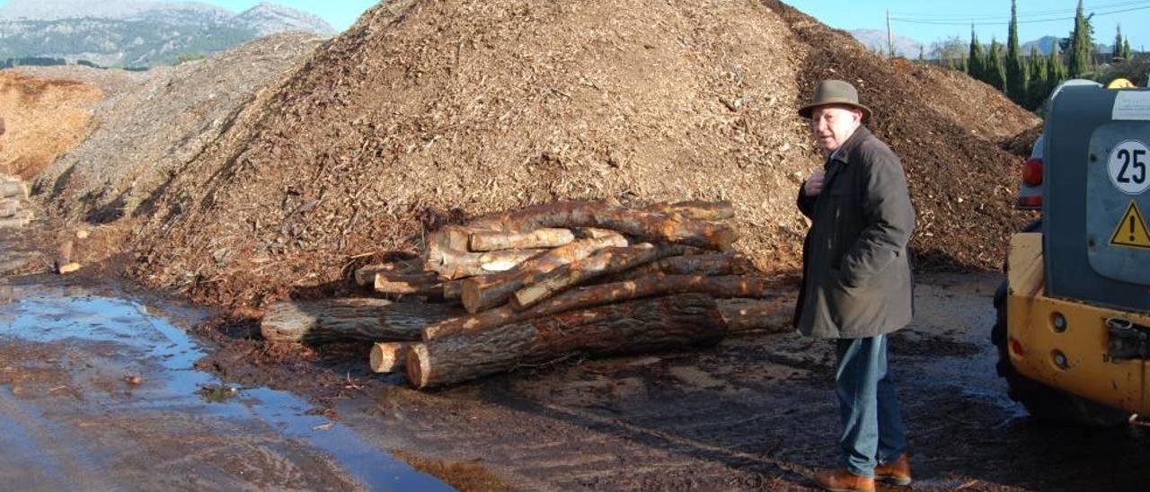 Josep Oliver ante unos montones de triturado de madera de pino dispuestos para ser cargados en camiones y distribuidos.