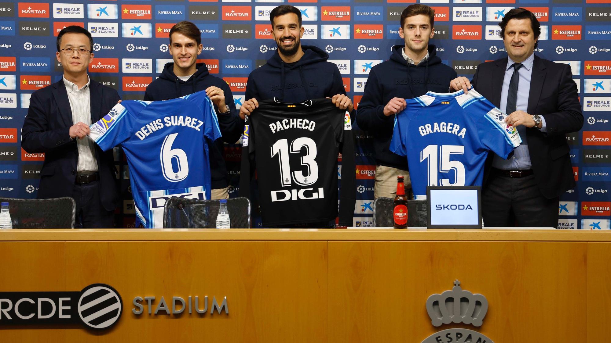 Mao Ye, Denis Suárez, Pacheco, Gragera y Catoira, este miércoles en el RCDE Stadium.