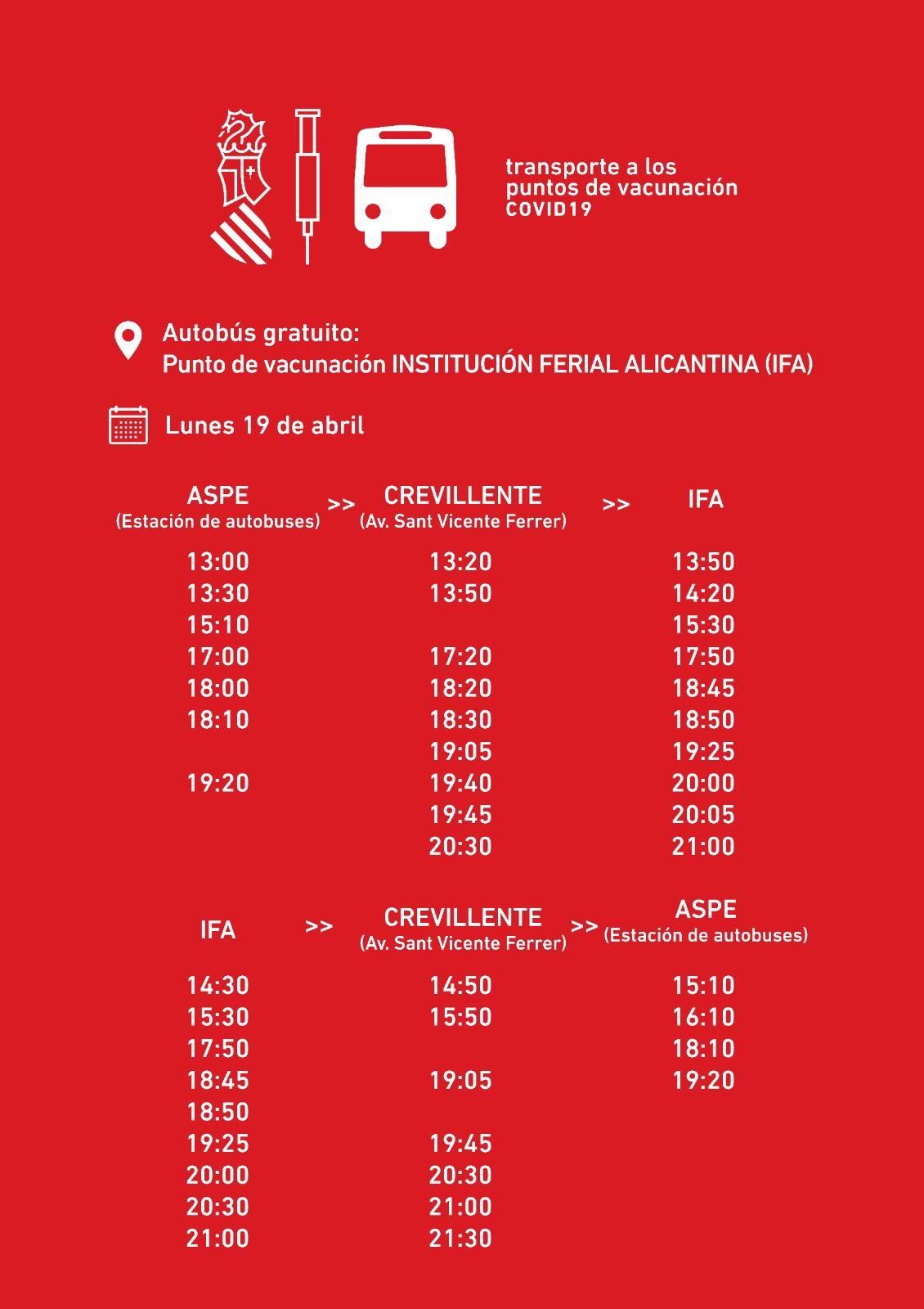 Horario lanzaderas vacunación IFA Aspe Crevillent