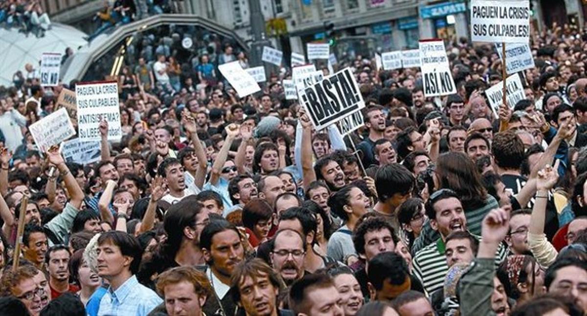 Concentració de protesta a la Puerta del Sol de Madrid, ahir.