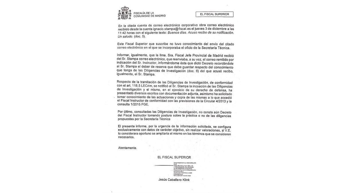 Informe del fiscal superior del TSJM, Jesús Caballero Klink, a la fiscala general del Estado sobre el &#039;caso Stampa&#039;.